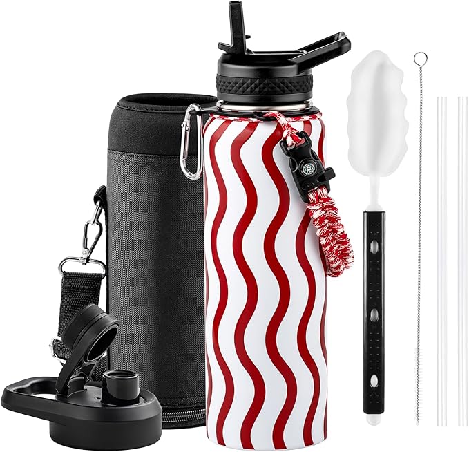 RAYMYLO Insulated Water Bottle 40 oz, Triple Wall Vacuum Stainless Steel | (Cold for 36Hrs, Hot for 18Hrs), Leak Proof & Non-BPA, Modern Water Flask Jug with Paracord Handle & Straw Spout Lids