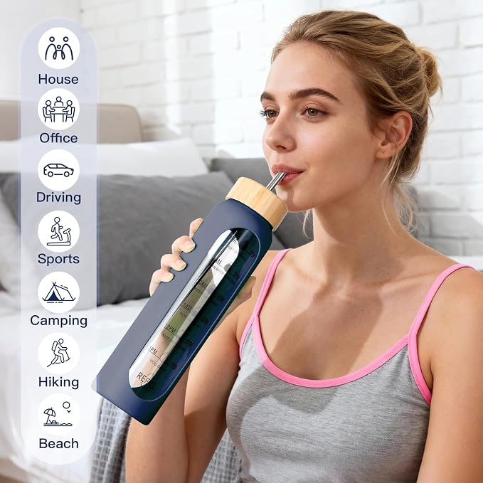 32oz Glass Water Bottle with Time Marker, 2 Lids-Handle Spout Lid & Bamboo Straw Lid, 1 Liter Motivational Borosilicate Water Bottle for Gym, Office, Travel (Blue)