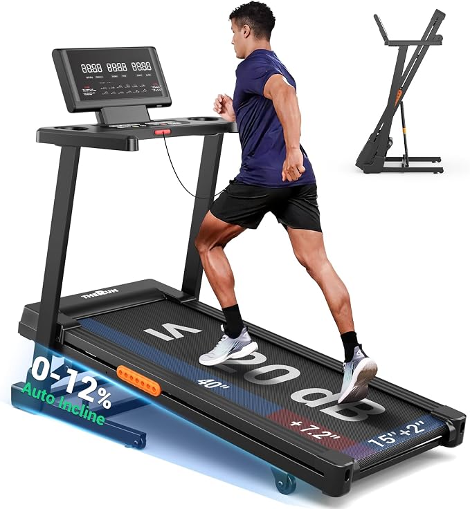 THERUN Incline Treadmill, Treadmill with Incline Brushless Motor Treadmill | 12% auto incline, 8.7MPH, quiet brushless motor, foldable treadmill with cup holder, heart rate monitor, computer holder