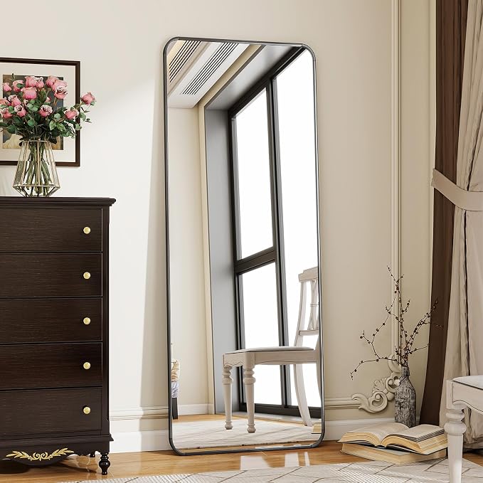 BEAUTYPEAK Black Full Length Mirror, 56"x21" Rounded Corner Floor Mirror Standing Hanging or Leaning Against Wall, Suitable for Bedroom or Dressing Room | Aluminum Alloy Frame with Standing, Leaning, or Wall-Mounted, Ideal for Bedroom, Dressing Room, E...