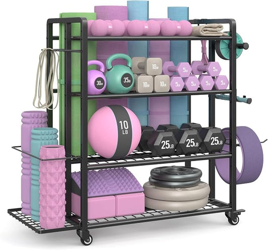 4-Tier Weight Rack for Home Gym with Wheels and Hooks | Adjustable Gym Storage Rack for Dumbbells Kettlebells Yoga Mat, All-in-One, Space Saving, Heavy Duty Steel, Easy to Assemble