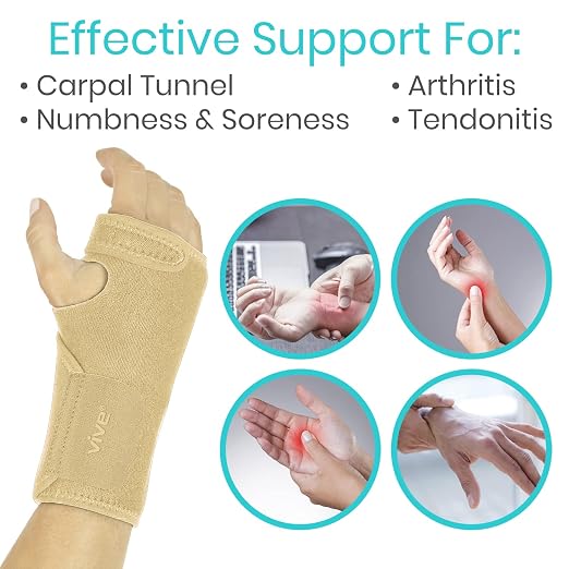 Vive Wrist Brace - Carpal Tunnel Hand Compression Support Wrap for Men | Women, Tendinitis, Bowling, Sports Injuries Pain Relief - Removable Splint - Universal Ergonomic Fit (Beige, Right)