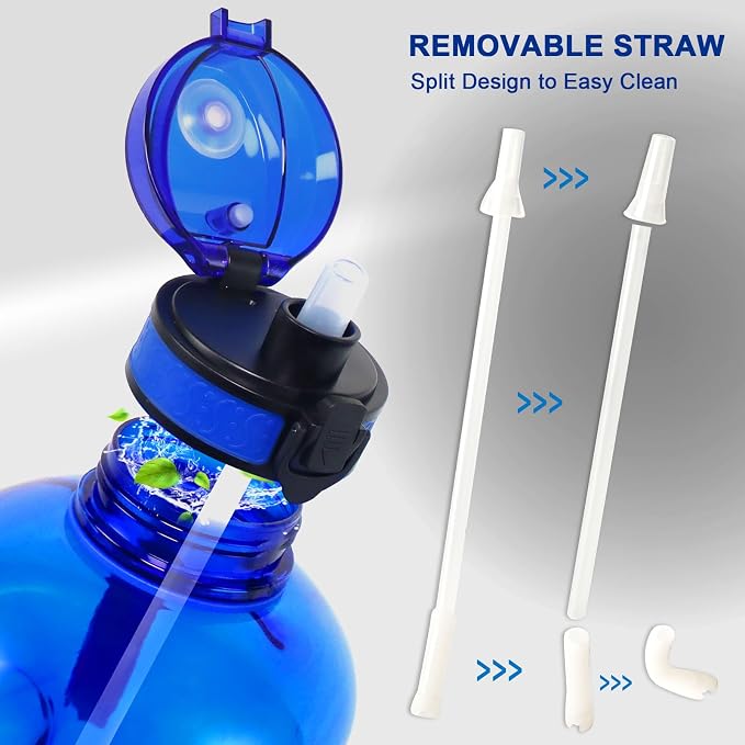 GEMFUL 3L Water Bottle with Straw & Handle BPA-Free Gym Jug (Royal Blue) | Leak-proof, 100oz Large Capacity, Time Marker Tracks Daily Intake, Wide Mouth, for Hiking, Office, Sport, Fitness