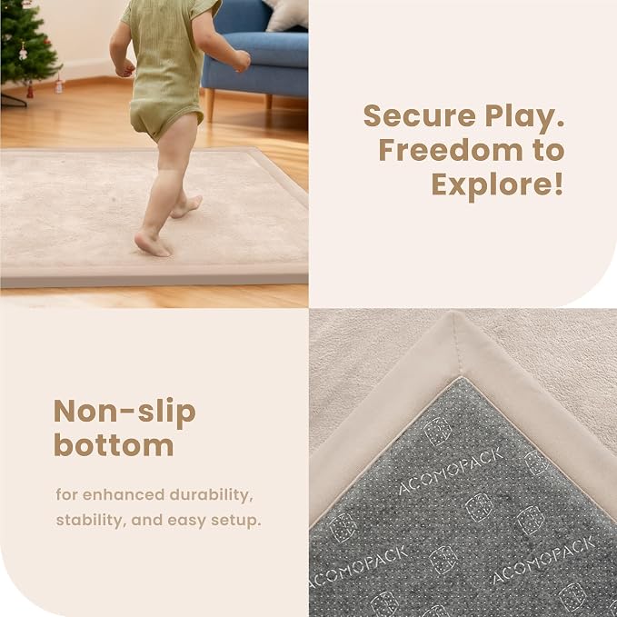 ACOMOPACK Baby Play Mat for Floor 1.3" Thick Memory Foam Play Mat 79"×118" Tummy Time Crawling with Non-slip Bottom for Living Room,Nursery,Soft Velvet Playpen Mats for Kids,Infants（Beige）
