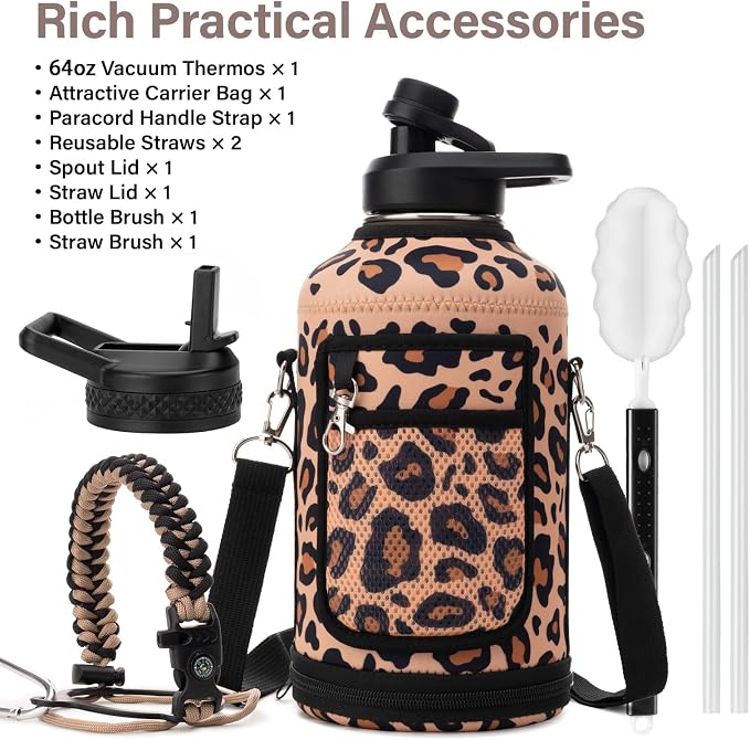 DYSANKY Insulated Water Bottle | Thickened Stainless Steel Vacuum Metal | Portable Sports Half Gallon Large Water Jug for Gym and Hiking with Straw, Carrier Bag, Handle Strap | BPA-Free 64 oz