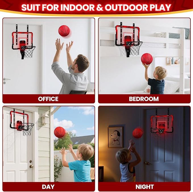 QDRAGON Mini Basketball Hoop with Scoreboard & 7 LED Lighting | Over The Door Indoor, with 3 Balls/Inflator/Breakaway Rim, Basketball Toy Gifts for Kids Adults, Suit for Bedroom/Office