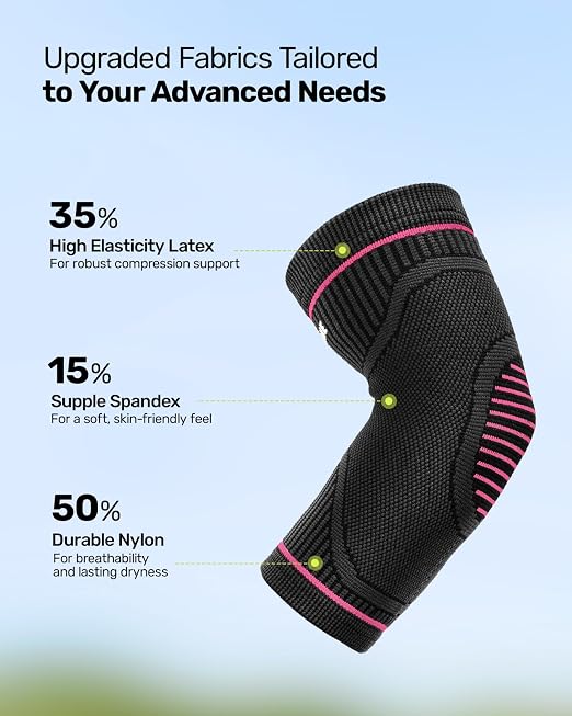 Rakiie Elbow Compression Sleeve 2 Pack, High Elastic Elbow Brace for Tendonitis and Tennis Elbow for Women & Men, Elbow Sleeve for Tennis, Golfer, Badminton, Weightlifting, Pink M