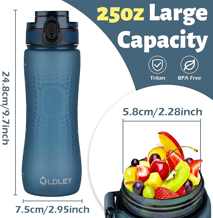 OLDLEY 25 oz Water Bottle, Motivational Water Bottle with Time Marker, Sports Water Bottle With Strap, Leakproof & BPA Free Large Water Bottles for School, Gym, Travel, Outdoor,Navy Blue