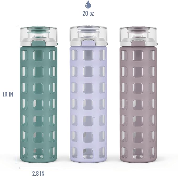 Ello Syndicate 20oz Glass Water Bottle with Flip Lid and Sleeve, Alligator | Glass water bottle for iced drinks with leakproof flip lid, silicone sleeve, carry loop, BPA-free, and dishwasher safe