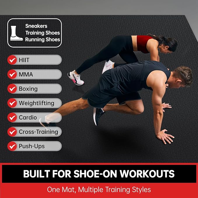 GymCope Large Exercise Mat for Home Workout,12‘x6’/10'x6'/9'x6'/8'x6'/7'x5'/6'x4' (7mm) Extra Thick Workout Mat, High-Density Gym Mat for Cardio, Jump Rope, MMA, Weights (Shoe-Friendly)