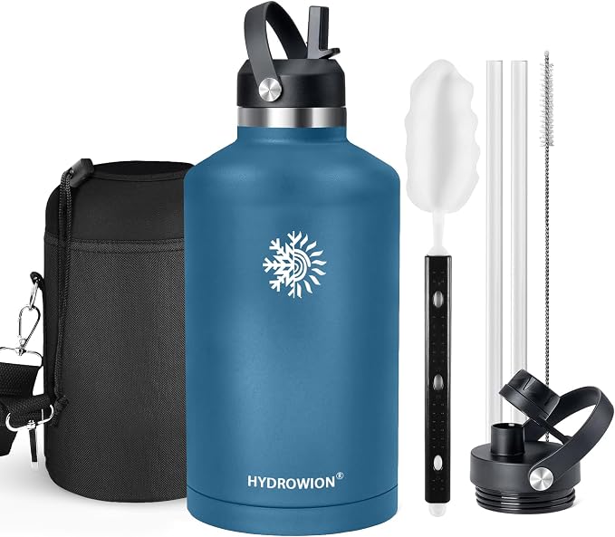 64oz Insulated Water Bottle, Triple Wall Vacuum Stainless Steel Bottle, 48H Cold & 24H Hot, Leak-Proof BPA-F Jug with Straw & Spout Lids for Sports & Outdoor