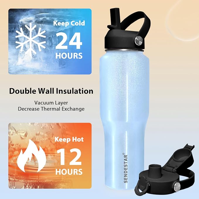 SENDESTAR 32oz Stainless Steel Water Bottle(Cold for 48 Hrs, Hot for 24 Hrs),Double Wall Vacuum Insulated Bottle with Straw Lid, Spout Lid and Flex Cap, Fit in Any Car Cup Holder