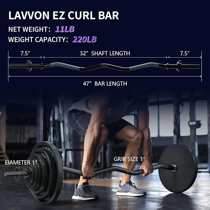 47" EZ Curl Bar Weight Lifting Bar, 1-inch Curling Bars for Weight lifting | Barbell bar for Hip Thrusts/Squats/Lunges for Gym and Home, With 2 Star Double Risk Star-nuts (220lb Weight Capacity)
