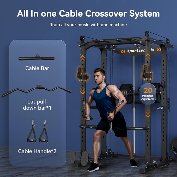 Sportsroyals Power Cage, 1600LBS Squat Rack with Cable Crossover System | Power Rack with LAT Pull Down System, Workout Cage with Pulley System for Fitness Home Gym Strength Training