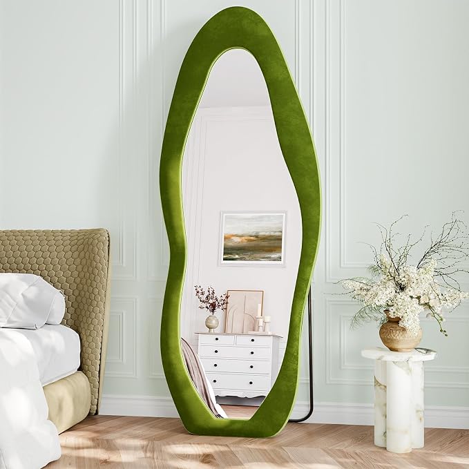 Full Length Mirror, 71"x30" Flannel Floor Mirrors with Stand | Irregular Wavy Mirror, Full Body Tempered Glass Mirror Hanging or Leaning Wall for Bedroom Living Room, Green