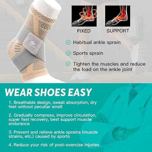 INDEEMAX Ankle Brace for Sprained Ankle Compression Sleeve, 2 Pack Copper Infused Ankle Support Brace for Women & Men, Plantar Fasciitis Relief Achilles Tendonitis, Sports Running, Skin Silver, XL