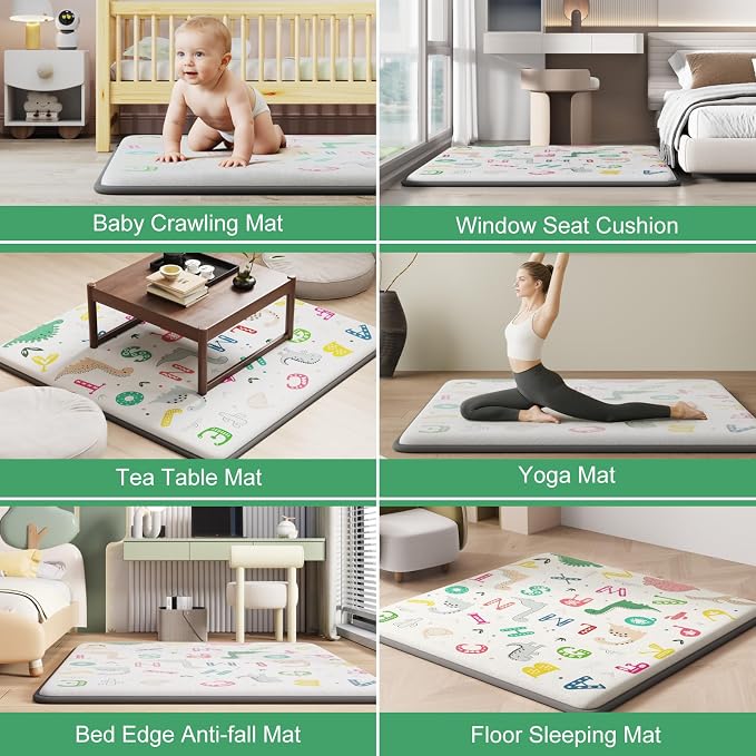1.3" Thick Baby Play Mat for Floor, Elasti-Foam 50x50 Playpen Mat, Water Repellent Ultra Soft Coral Velvet Tummy Time Crawling Mats for Kid Toddlers Infants, Non-Slip Backing Safe Alphabet Zoo