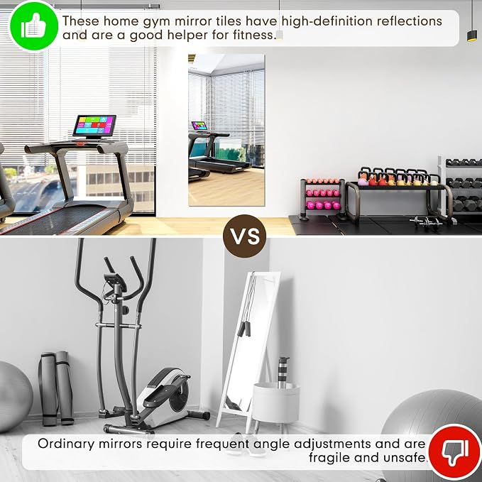 Queekay 6 Pcs Home Gym Mirrors 24'' x 24'' Acrylic Wall Mirror Tiles Sheets 2mm Thick Self Adhesive Frameless Wall Mounted Decor for Workout Bedroom Ceiling