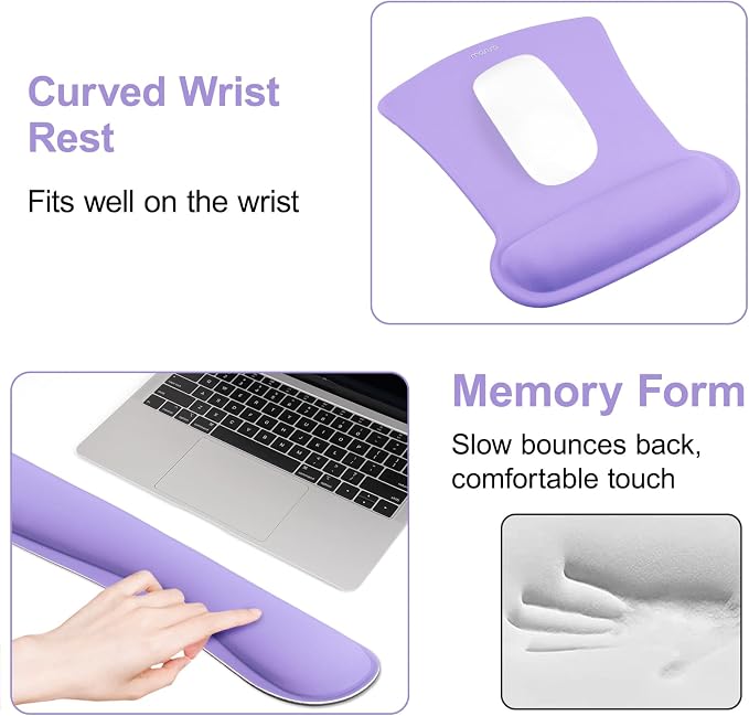 MOSISO Wrist Rest Support for Mouse Pad & Keyboard Set, Ergonomic Mousepad Non-Slip Base Home/Office Pain Relief & Easy Typing Cushion with Neoprene Cloth & Raised Memory Foam, Light Purple
