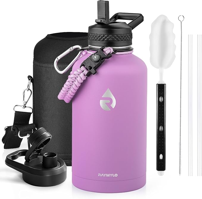 RAYMYLO Insulated Water Bottle 64 oz, Triple Wall Vacuum Stainless Steel | (Cold for 48 Hrs), Leak Proof & Non-BPA, Half Gallon Water Flask Jug with Paracord Handle & Straw Spout Lids, Lilac