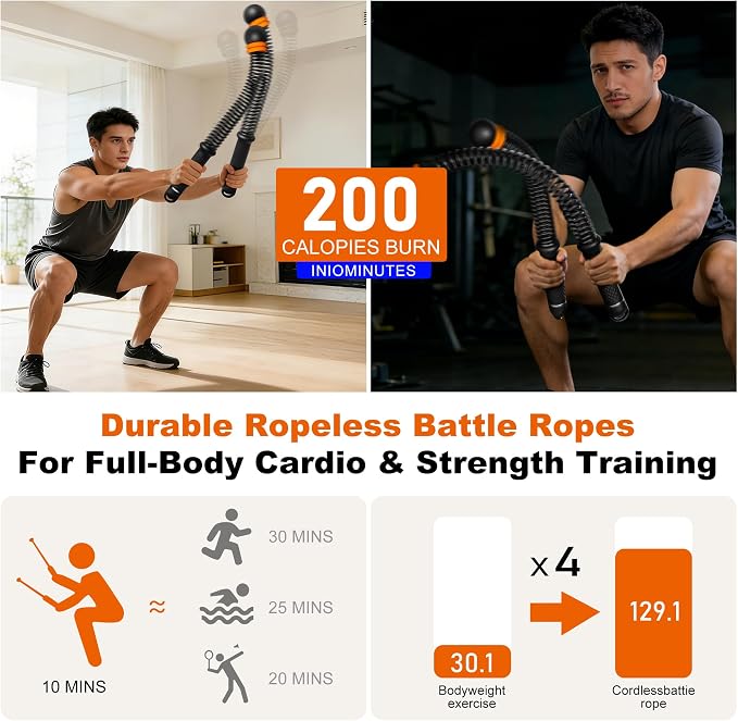 Adjustable Ropeless Battle Ropes, Portable Cordless Battle Ropes for Home Gym, Workout Equipment Exercise Rope for Low-Impact Workout, Strength & HIIT, for Men & Women (Black)