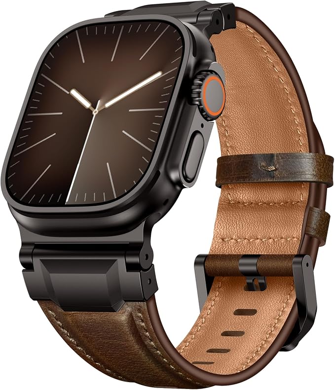 Bands Compatible with Apple Watch Ultra 3/2/1 Band 49/46/45/44mm | Genuine Leather Metal Connector Strap for iWatch Ultra Series 11/10/9/8/7/SE/6/5/4/3/2/1, Dark Brown/Black