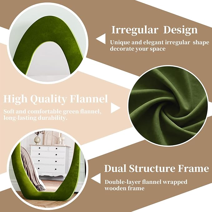 Full Length Mirror, 71"x30" Flannel Floor Mirrors with Stand | Irregular Wavy Mirror, Full Body Tempered Glass Mirror Hanging or Leaning Wall for Bedroom Living Room, Green
