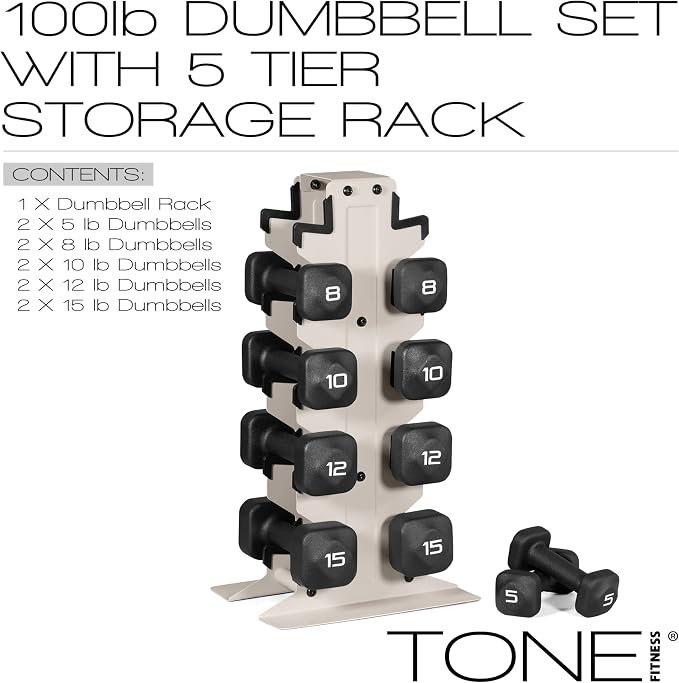 Tone Fitness Neoprene Dumbbell Set with Storage Rack – Non-Slip, Anti-Roll Hand Weights for Home Gym Workouts | 20 lb, 32 lb, 50 lb, 60 lb & 100 lb Options