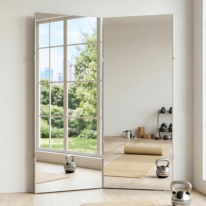 Space-Saving 360° Folding Full Length Mirror, 63" x 67" Oversized Standing/Leaning Mirror, Shatterproof, Lightweight Design for Home Gym, Yoga Studio, Dance Studio, Fitness Studio (Silver)