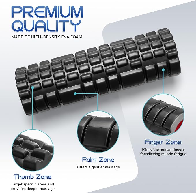 Krightlink 2-in-1 18" Foam Roller Set for Deep Muscle Massage | Foam Roller Trigger Point Release Back Roller for Fitness Relieves Muscle Pain Myofascial Pilates, Yoga (Black)