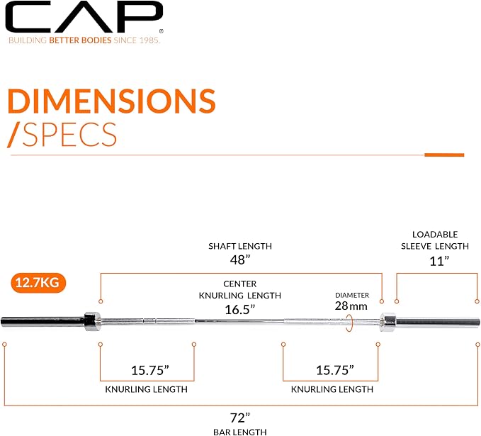 CAP Olympic Barbell - 5FT, 6FT, & 7FT Strength Training Weight Bars, Multiple Options