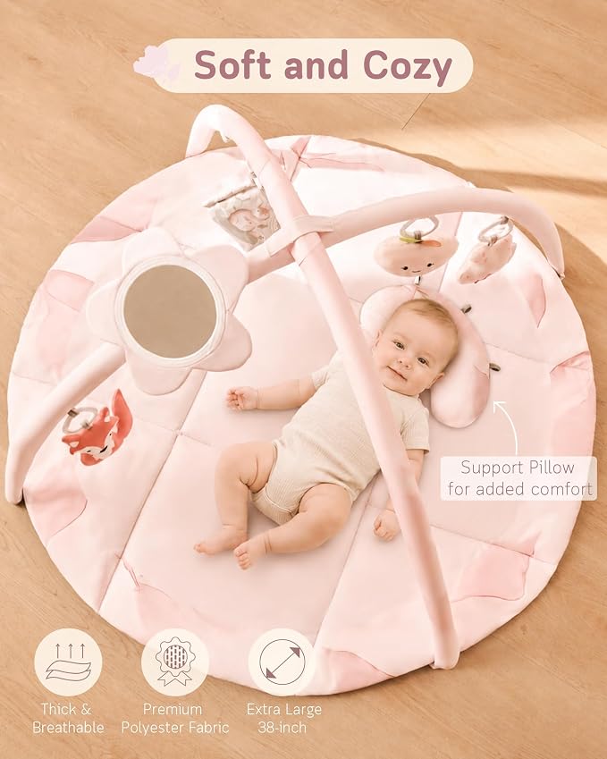 Baby Play Gym & Mat, Tummy Time Mat for Babies 0-12 Months, Pink | Machine-Washable Foldable Activity Mat with 5 Detachable Toys; Certified Safe Newborn Essentials Gift for Baby Registry