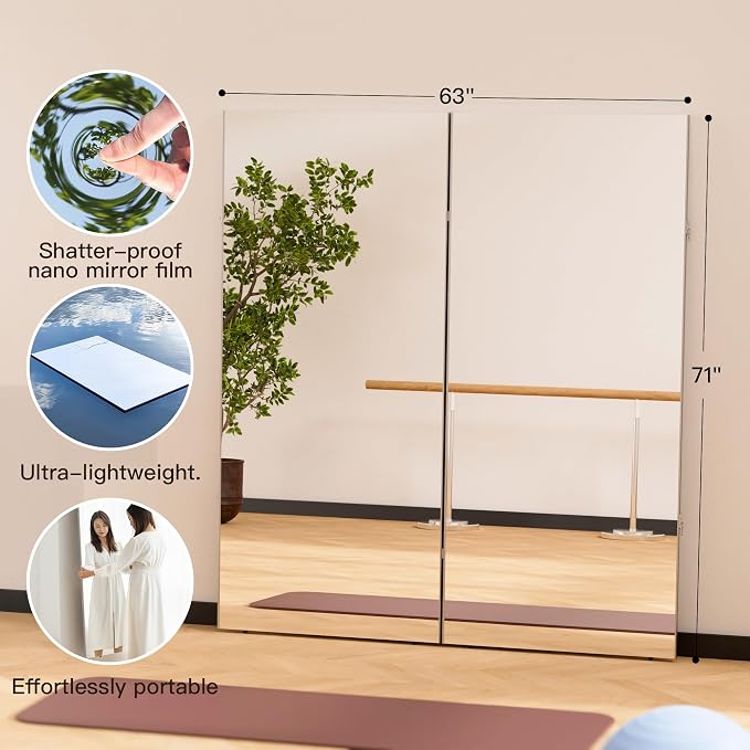 brisafe 71"x 63" Ultra-Light Foldable Floor Mirror with 360° Folding Design, Glassless, Shatterproof, Space-Saving Full-Length Mirror for Home Gym/Yoga/Dance Studio & Commercial Use, Silver.