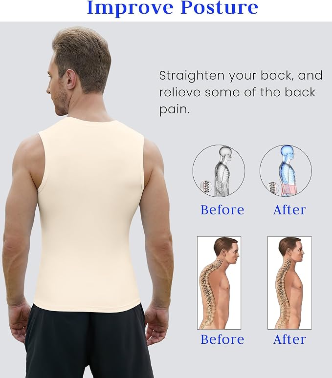 Compression Shirt Men Slimming Body Shaper Vest Crewneck Workout Tank Top | Tummy Control Undershirts, Gynecomastia Compression Shirts, Back Support, Sleeveless Muscle Shirts, Shaping Tank Top