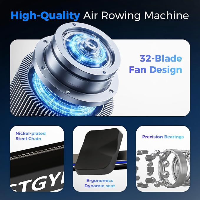 Rowing Machines for Home, Adjustable Air Resistance Rower Machine with Extra Long Rail, Ergonomic Comfort Seat, Device Holder, Easy Storage