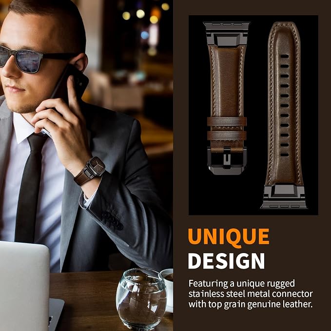 Bands Compatible with Apple Watch Ultra 3/2/1 Band 49/46/45/44mm | Genuine Leather Metal Connector Strap for iWatch Ultra Series 11/10/9/8/7/SE/6/5/4/3/2/1, Dark Brown/Black