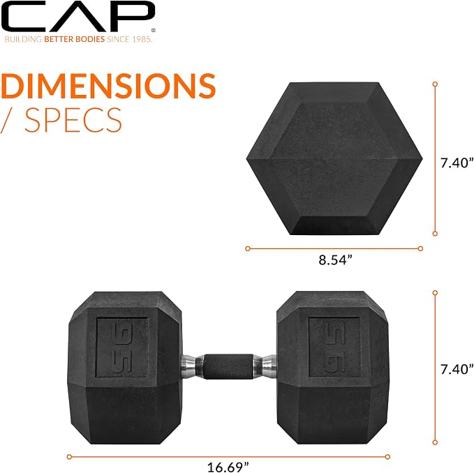 CAP Rubber Coated Dumbbell Weights, Free Weights for Home Gym Strength Training, Anti-Roll Hex Dumbbells with Black, Chrome & Comfort Grip Handles, Pairs & Sets