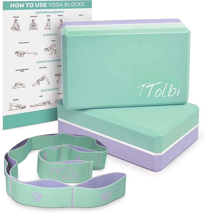 Yoga Blocks 2 Pack with Strap and Guide – Soft Non-Slip EVA Foam Blocks | High-Density Pilates Blocks for Home Workouts, Dance, Ballet, Gymnastics & Stretching Exercise, Dance Accessories and Gifts