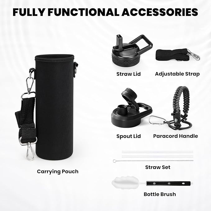 RAYMYLO Insulated Water Bottle 24 oz, Triple Wall Vacuum Stainless Steel | (Cold for 24Hrs, Hot for 12Hrs), Leak Proof & Non-BPA, Modern Water Flask Jug with Paracord Handle & Straw Spout Lids