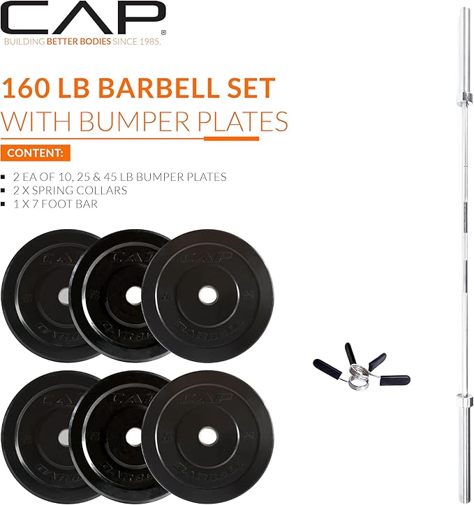 CAP Barbell Olympic Weight Set with 7ft Barbell & Bumper Plates | 160-370 lbs | Multiple Options