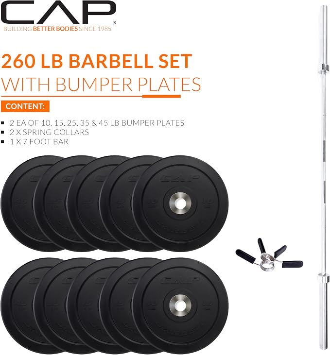 CAP Barbell Olympic Weight Set with 7ft Barbell & Bumper Plates | 160-370 lbs | Multiple Options
