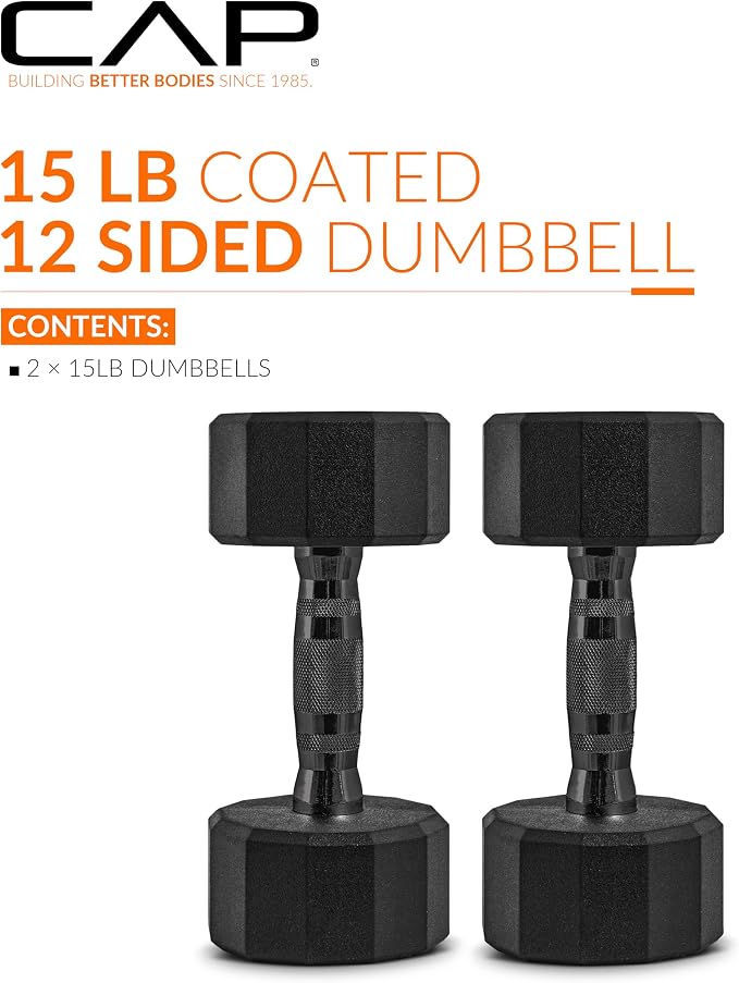 CAP Rubber Coated Dumbbell Weights, Free Weights for Home Gym Strength Training, Anti-Roll Hex Dumbbells with Black, Chrome & Comfort Grip Handles, Pairs & Sets