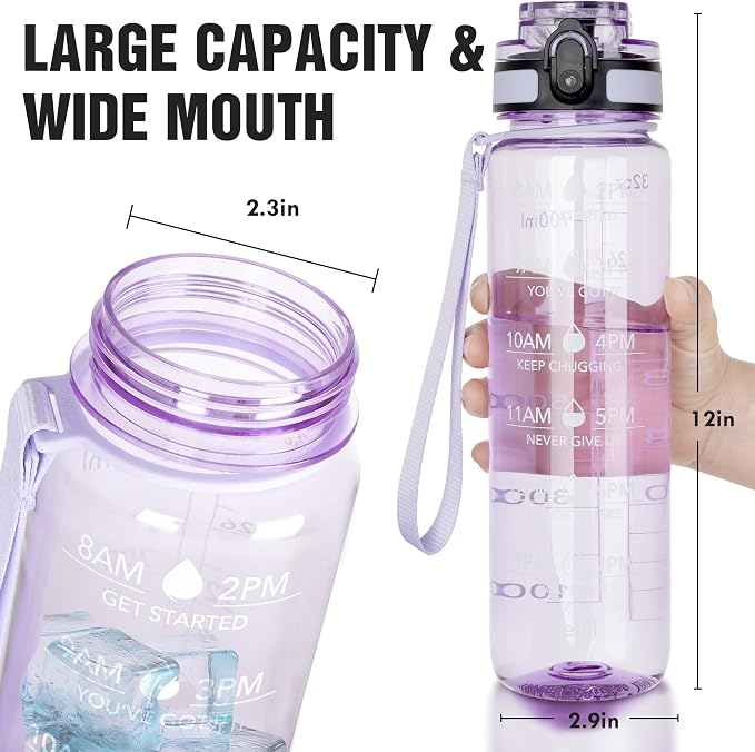 OLDLEY Water Bottle, 32oz Motivational Sports Water Bottle with Time Marker - Times to Drink - Tritan, BPA Free, Wide Mouth Leakproof,Amethyst