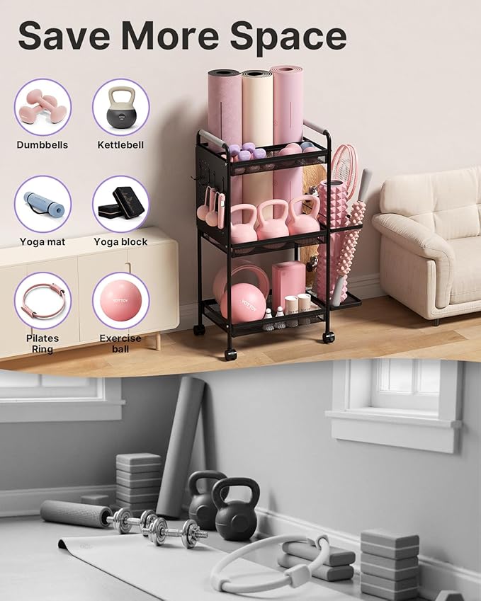 YOTTOY 3-Tier Gym Storage Rack for Home Gym–Multi-Functional Weight Rack, Dumbbell Rack, Yoga Mat Holder with Side Basket & 6 Hooks, Gym Equipment Organizer