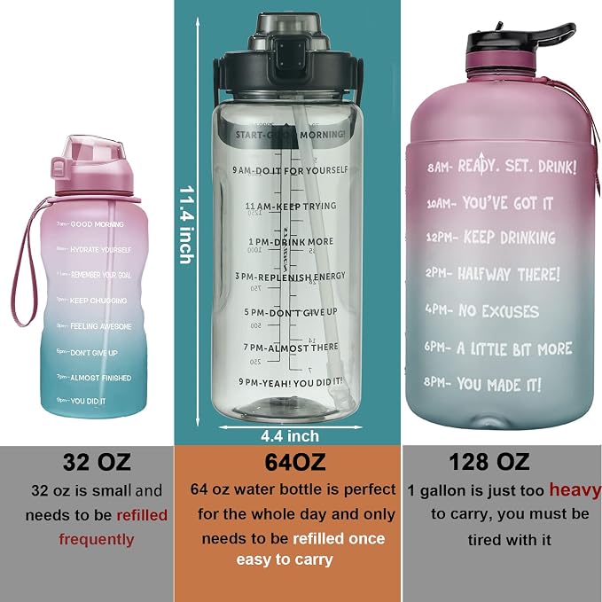 RYI Half Gallon Water Bottle with Sleeve & Strap 64 OZ Motivational Water Bottles with Straw Large Wide Mouth Water Jug with Time Marker for Fitness, Gym and Outdoor Sports, Leak-proof & BPA Free