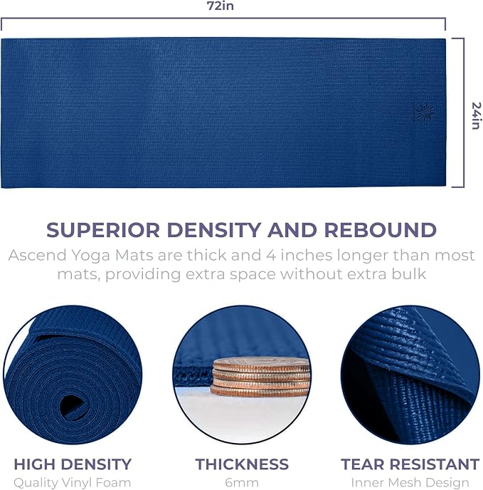 Ascend 6mm Thick Yoga Mat, 72x24in | Premium Non Slip Exercise Mat for Pilates, Workout, Stretching, Fitness, Training - Gym Mat for Home and Studio