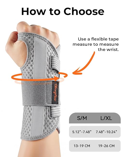 3-Splint Carpal Tunnel Wrist Brace Night Support, Left Hand Pain Relief | Adjustable Hand Brace for Tendonitis, Arthritis, Sprains & Strains, Wrist Support for Women & Men, Gray, L