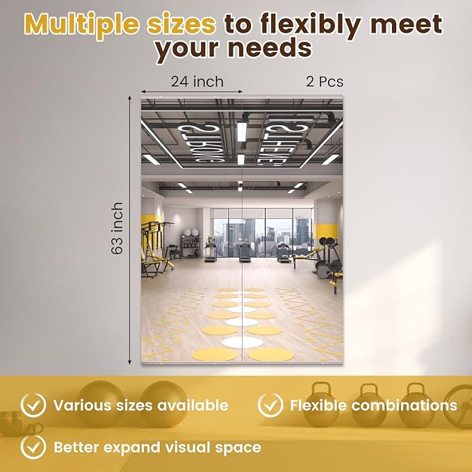 LOAAO Home Gym Mirror, 63"x24", 2 PCS | Frameless, Tempered Glass, Large Workout Mirrors, For Home Gym, Dance Studio, Yoga Room, Garage Gym