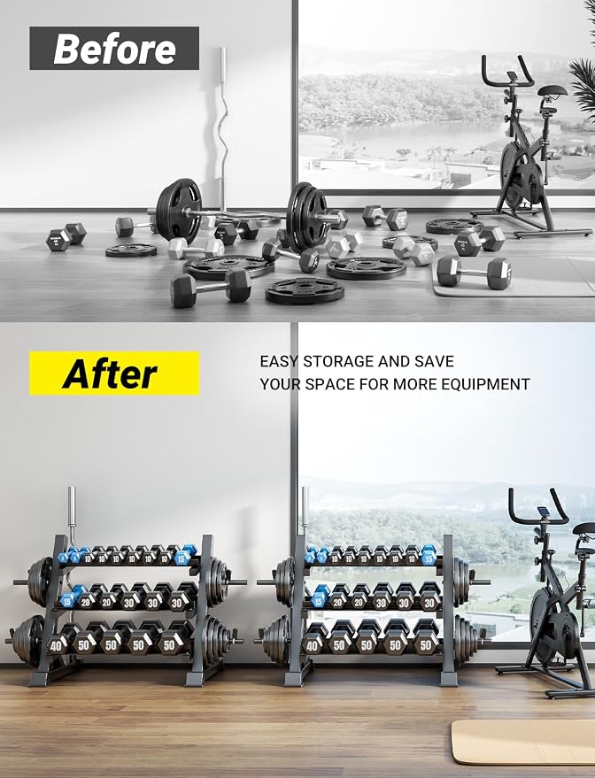 YOLEO Dumbbell Rack Stand Only, 1100LBS Heavy Duty Weight Rack for Home Gym, Adjustable 3-Tier Weight Storage Rack for Dumbbells, Barbells, Kettlebells & Weight Plates, Compact Workout Equipment Organizer