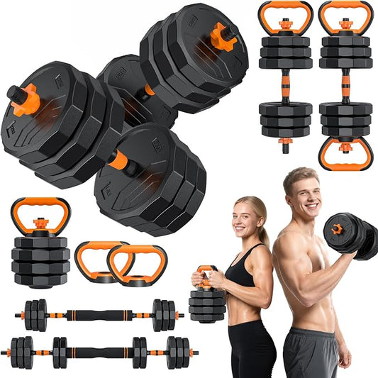 5-in-1 Adjustable Dumbbell Set, 33/44/66/88lbs Free Weights Set with Connector, Used as Kettlebells, Barbell, Push up Stand, Standard 1" Plates, Fitness Exercises for Home Gym Suitable Women/Men
